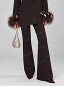 Feather Trim Double Breasted Blazer & Wide Leg Pants Two Piece Set