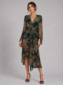 Retro Paisley V-Neck Asymmetric Midi Dress
