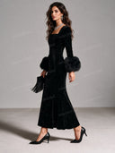 Velvet Faux Fur Cuff Square Neck Midi Dress