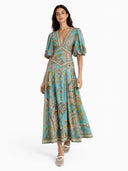 Unique Satin Vintage Floral Print Puff Sleeve Midi Dress
