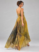 Exquisite Abstract Print Draped Chiffon Maxi Dress