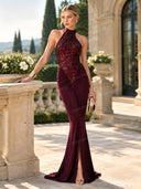 Elegant Halter Neck Sequined Maxi Dress