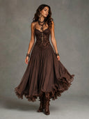 Sexy Lace V-Neck Ruffled Flowy Midi Dress