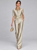 Elegant Metallic Top & Flare Pants Two Piece Set