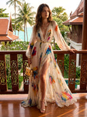 Deep V-Neck Puff Sleeve Printed Maxi Dress