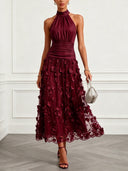 Elegant Halter Ruched 3D Floral Mesh Midi Dress
