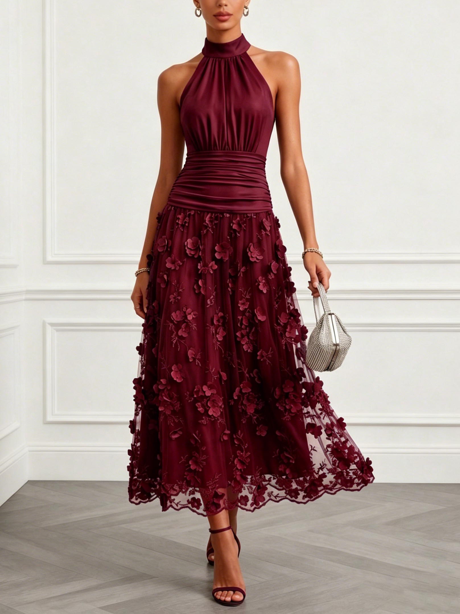 Elegant Halter Ruched 3D Floral Mesh Midi Dress