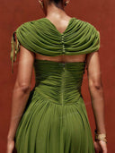 Elegant Draped Neck Ruched Split Maxi Dress