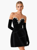 Elegant Strapless V-Neck Rhinestone-Embellished Mini Dress