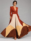 Elegant Color Block Plunge Neck Pleated Maxi Dress