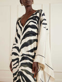 Elegant Zebra Print V-Neck Kaftan Maxi Dress