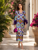 Elegant Geometric Print Feather Cuff Satin Maxi Dress