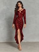 Elegant Sequin Long Sleeve High-Low Slit Maxi Dress