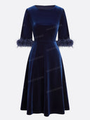 Elegant Velvet Feather Cuff Midi Dress