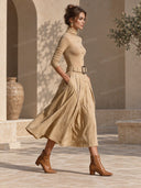 Casual Turtleneck Top & Belted Wide Leg Culotte Pants Set
