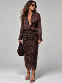 Elegant Satin Shirt Sequin Fringe Midi Skirt Two Piece Set