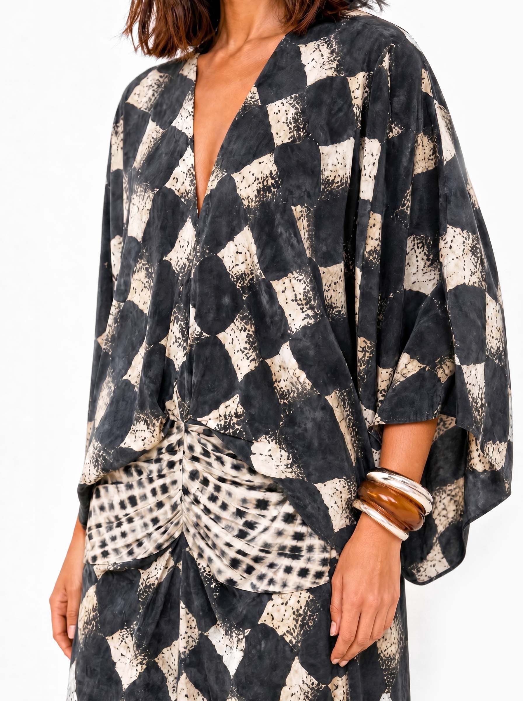Casual Abstract Plaid Print Kimono Sleeve Maxi Dress