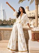 Elegant Butterfly Print Zip-Up Top & Wide Leg Pants Set