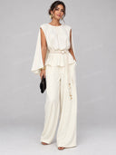 Elegant Cape Sleeve Peplum Top & Wide Leg Pants Two Piece Set