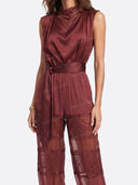 Elegant Satin Mock Neck Top & Lace Panel Jogger Pants Set