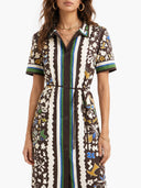 Unique Retro Moroccan Print Belted Linen Midi Dress