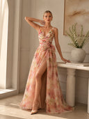 Elegant Abstract Print V-Neck Tie-Waist Maxi Dress