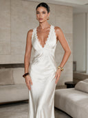 Exquisite Modern Day Glam Satin Lace Trim V-neck Cross Back Maxi Dress