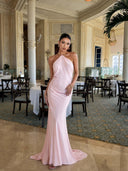 Elegant Halter-neck Draped Satin Train Maxi Dress