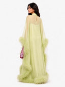Elegant Feather Trim Sheer Chiffon Cape Maxi Dress