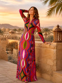 Unique Retro Abstract Print Shirt Collar Maxi Dress