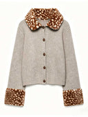 Faux Fur Trim Contrast Knit Cardigan Jacket
