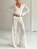 Sexy Lace Wrap Top & Wide-Leg Pants Two-Piece Set