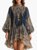 Elegant Vintage Print High Neck Flowy Mini Dress