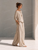 Casual Relaxed Boat Neck Knit Top & Drawstring Wide Leg Pants Set