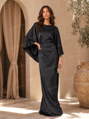 Elegant Black Satin Pleated Batwing Sleeve Maxi Dress