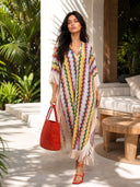 Exquisite Multicolor Chevron Fringe Kaftan Maxi Dress