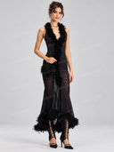 Sexy Feather Trim Sheer Ruched Maxi Dress