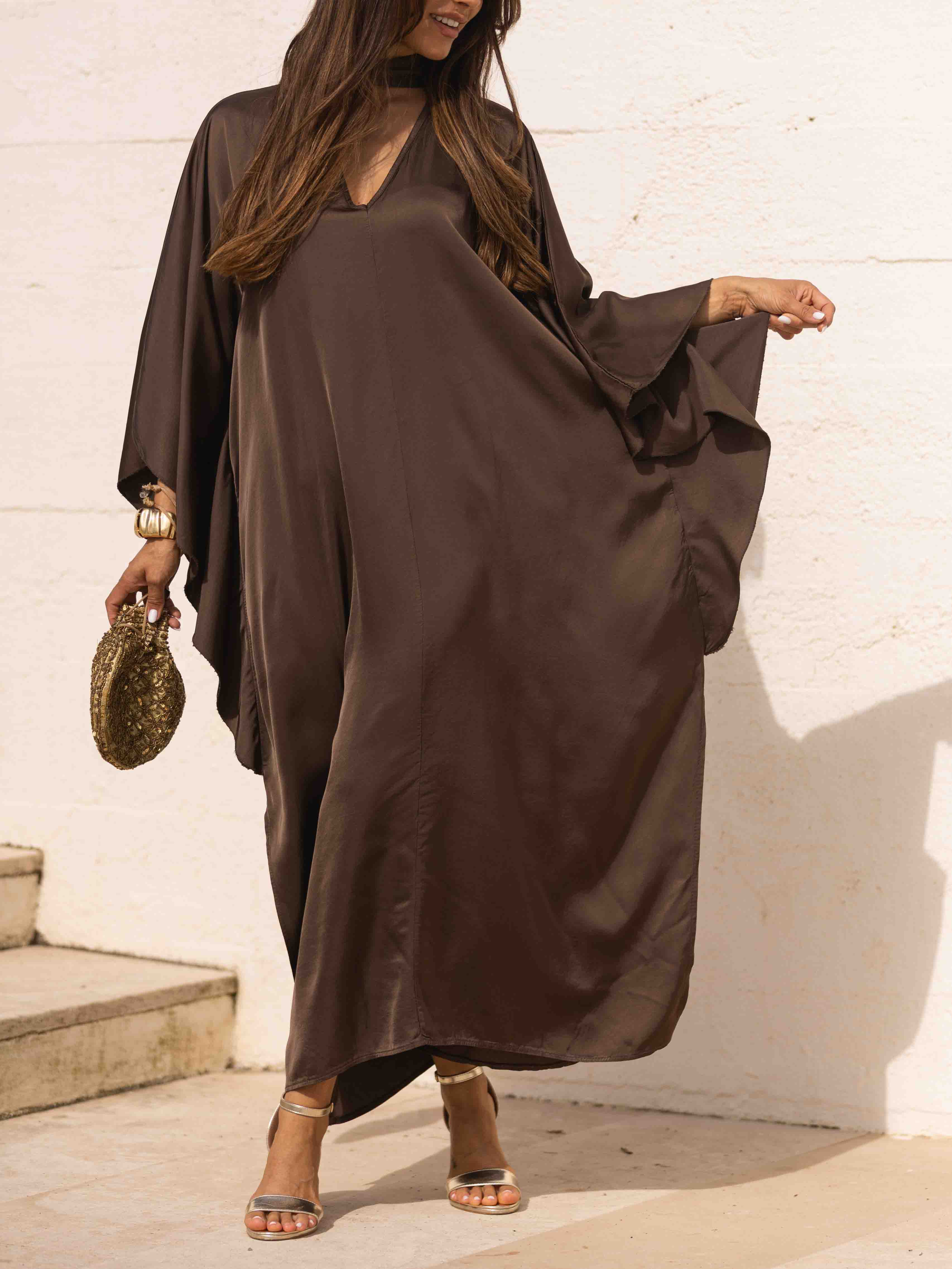 Elegant Satin Choker Neck Batwing Sleeve Kaftan Maxi Dress