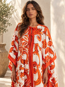 Elegant Self-Tie Satin Print Flowing Kaftan Maxi Dress