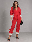 Elegant Lace Trim Blazer & Ruffle Hem Pants Set