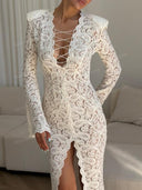 Sexy Floral Lace Lace-Up Slit Maxi Dress
