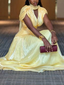 Elegant Pleated V-Neck Cape Sleeve Maxi Dress