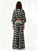 Casual Abstract Plaid Print Kimono Shirt & Pants Two-Piece Set