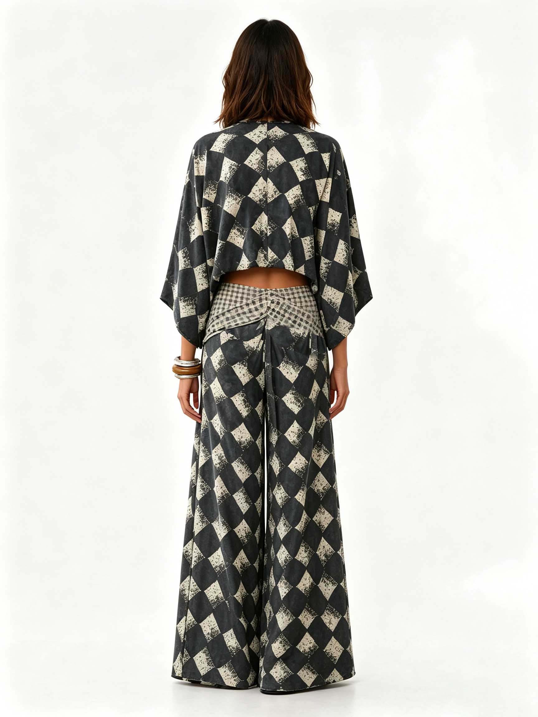 Casual Abstract Plaid Print Kimono Shirt & Pants Two-Piece Set