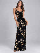 Elegant Velvet Floral Print Cutout Waist Maxi Dress
