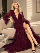 Feather Design Front Slit Maxi Dress