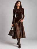 Elegant Velvet Draped Hooded Midi Dress