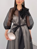 Elegant Sheer Organza Overlay Tie-Waist Midi Dress