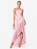 Elegant One-Shoulder Pleated Asymmetrical High-Slit Maxi Dress