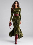 Elegant Velvet Ruched Long Sleeve High-Low Maxi Dress